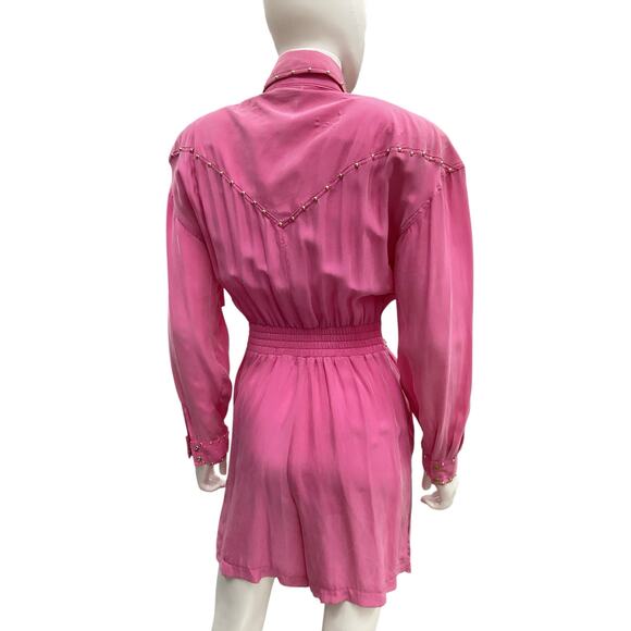 VTG Caché Romper Women’s SZ S Long Sleeve Gold Rivets &Studs Rhinestones Pink - Picture 4 of 7